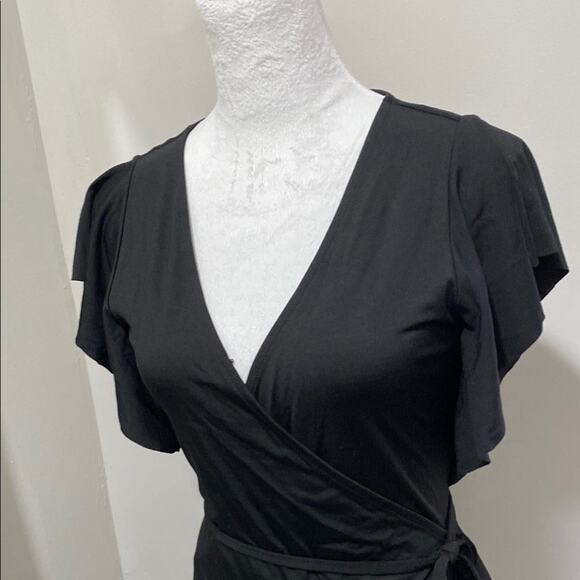 Banana Republic Black Wrap Dress Size Small Petite Asymmetrical Hem Ruffle Tiers - Picture 4 of 9